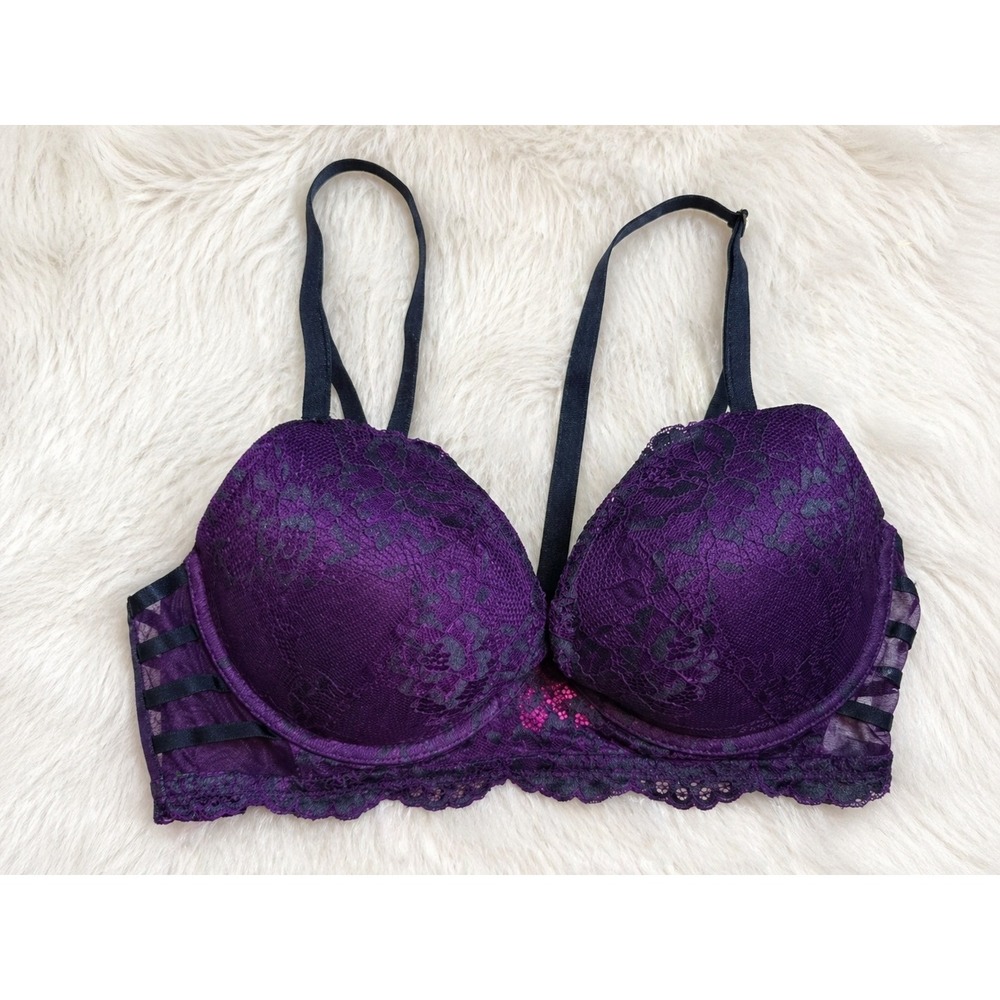 Purple Lace Push Up Bra Strappy Mesh Floral 36D Lingerie Y2K La Senza